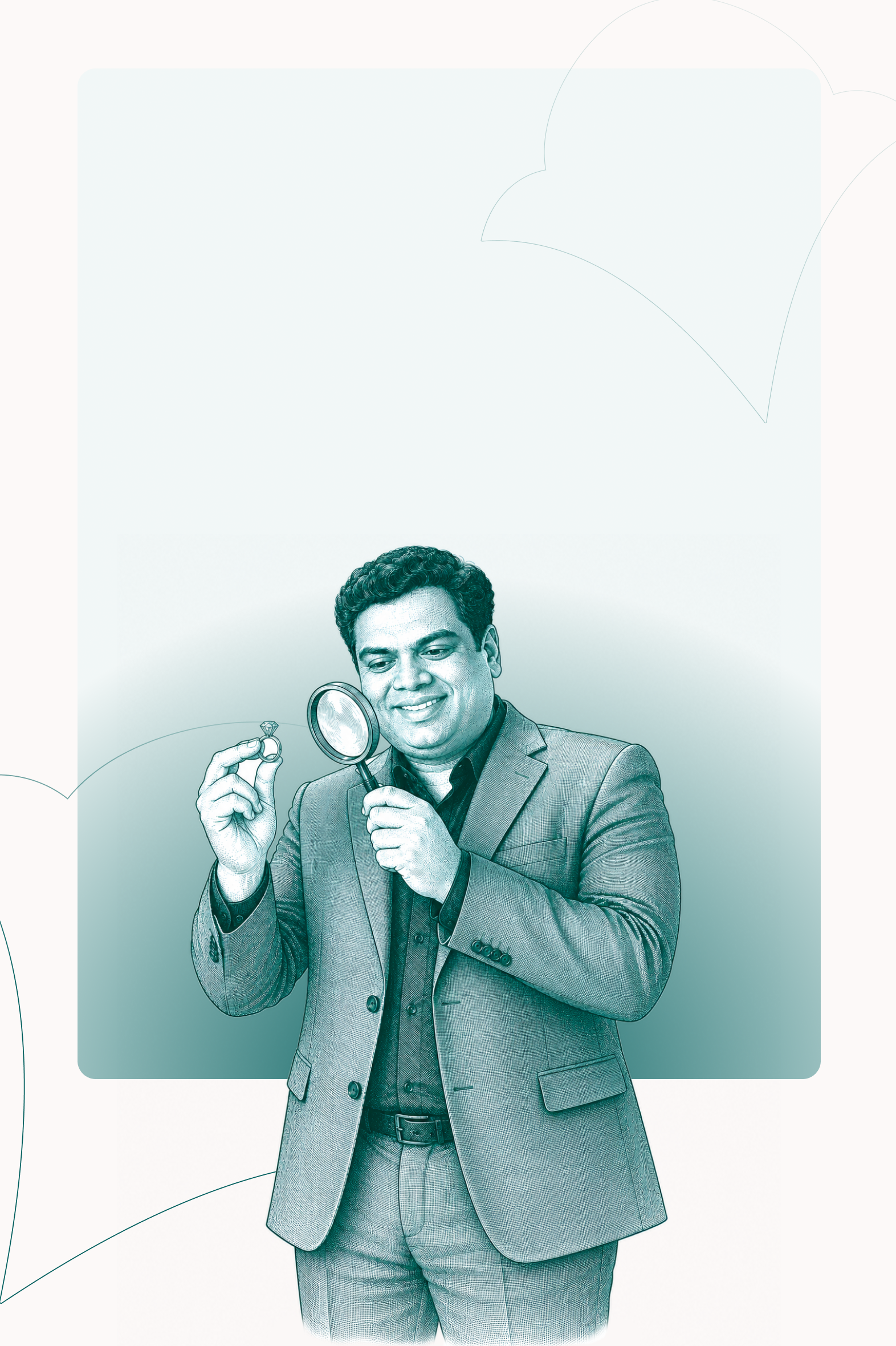 An engraved portrait of Co-Founder & CEO Amit Kumar examining a ring through a loupe