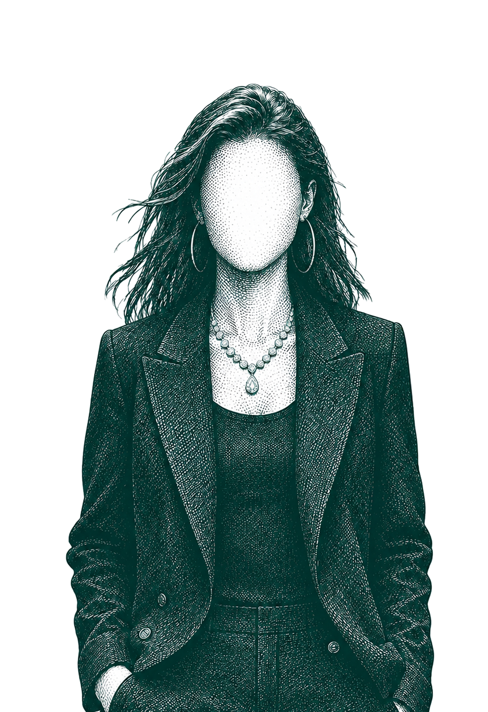 Illustrated woman in a tailored suit wearing a QWEEN necklace