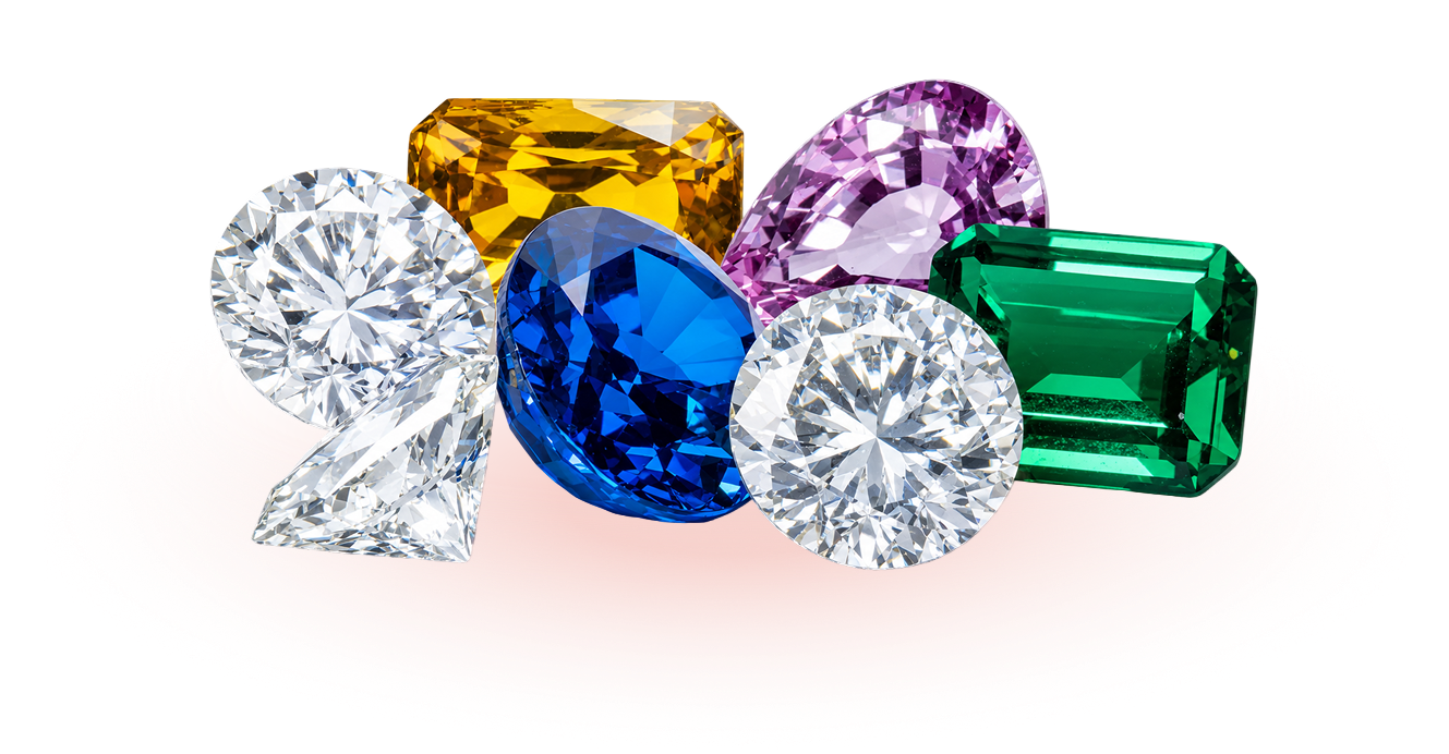 Cluster of natural diamonds and coloured gemstones