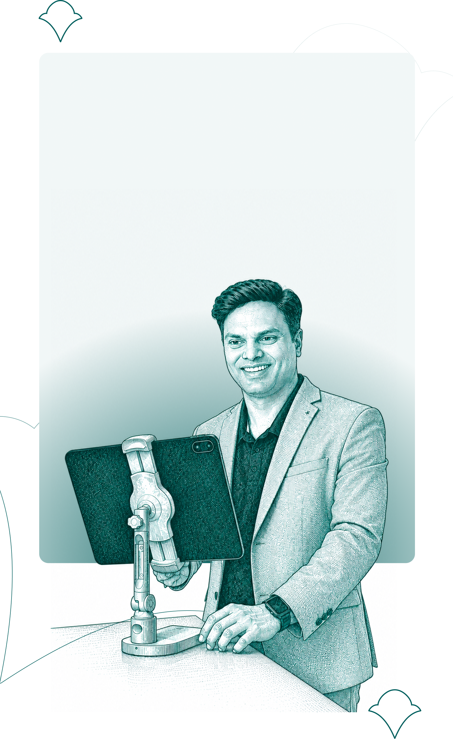 An engraved portrait of Co-Founder & CTPO Suyash Motarwar at a tablet rig