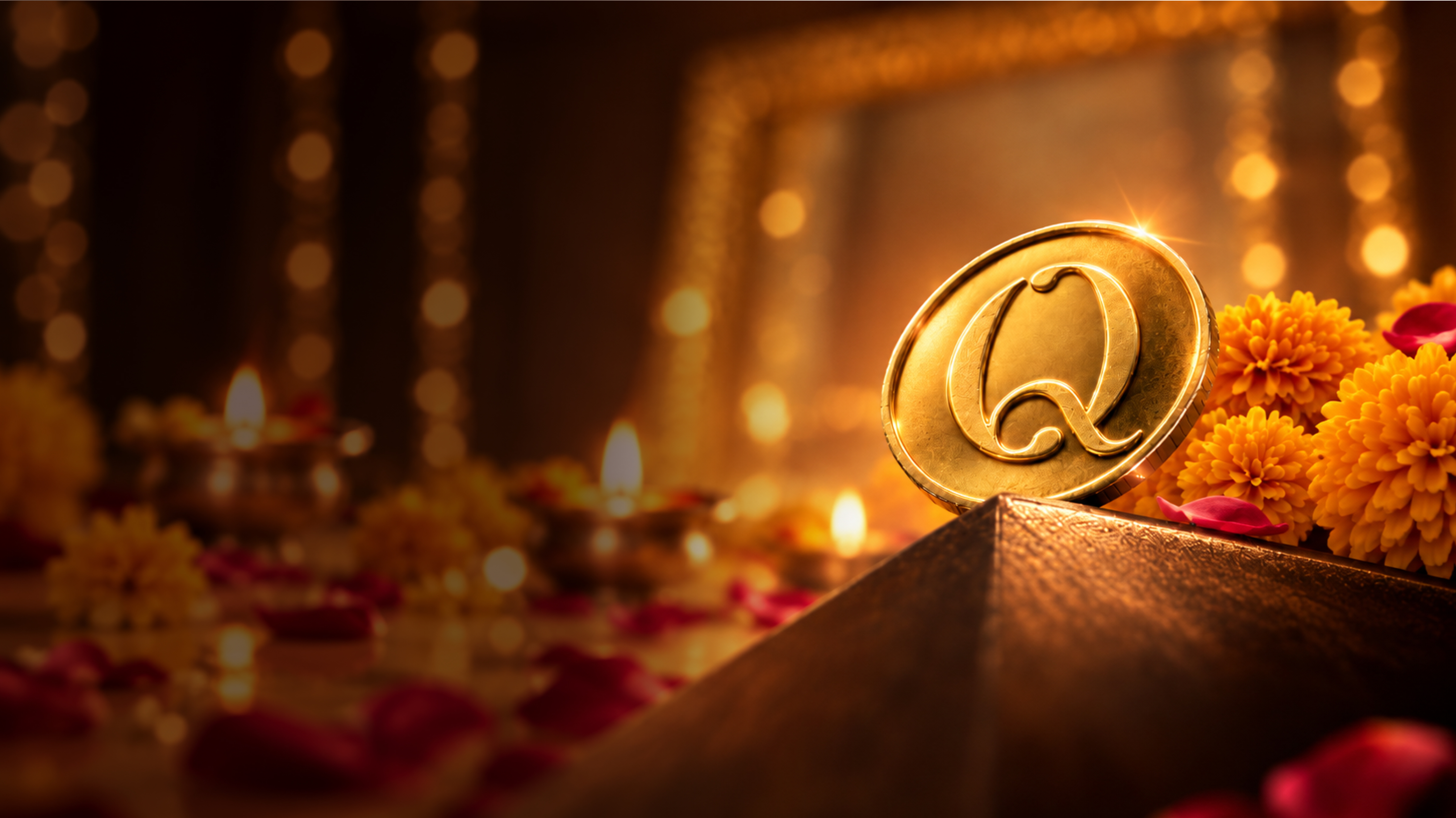 A QWEEN gold coin with the Q monogram on the edge of a gift box, beside marigolds, rose petals and lit diyas