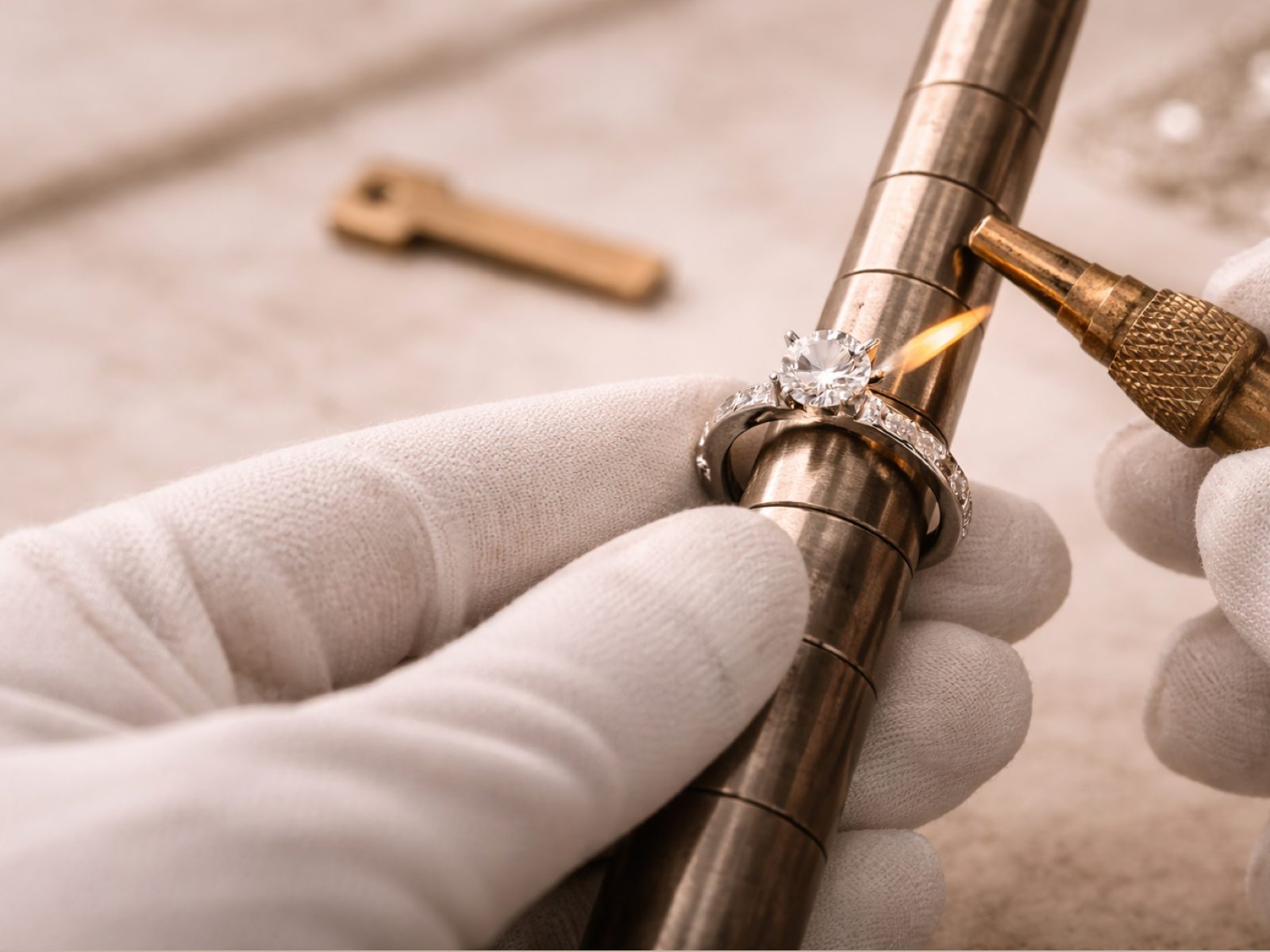 A gold ring being resized on a mandrel