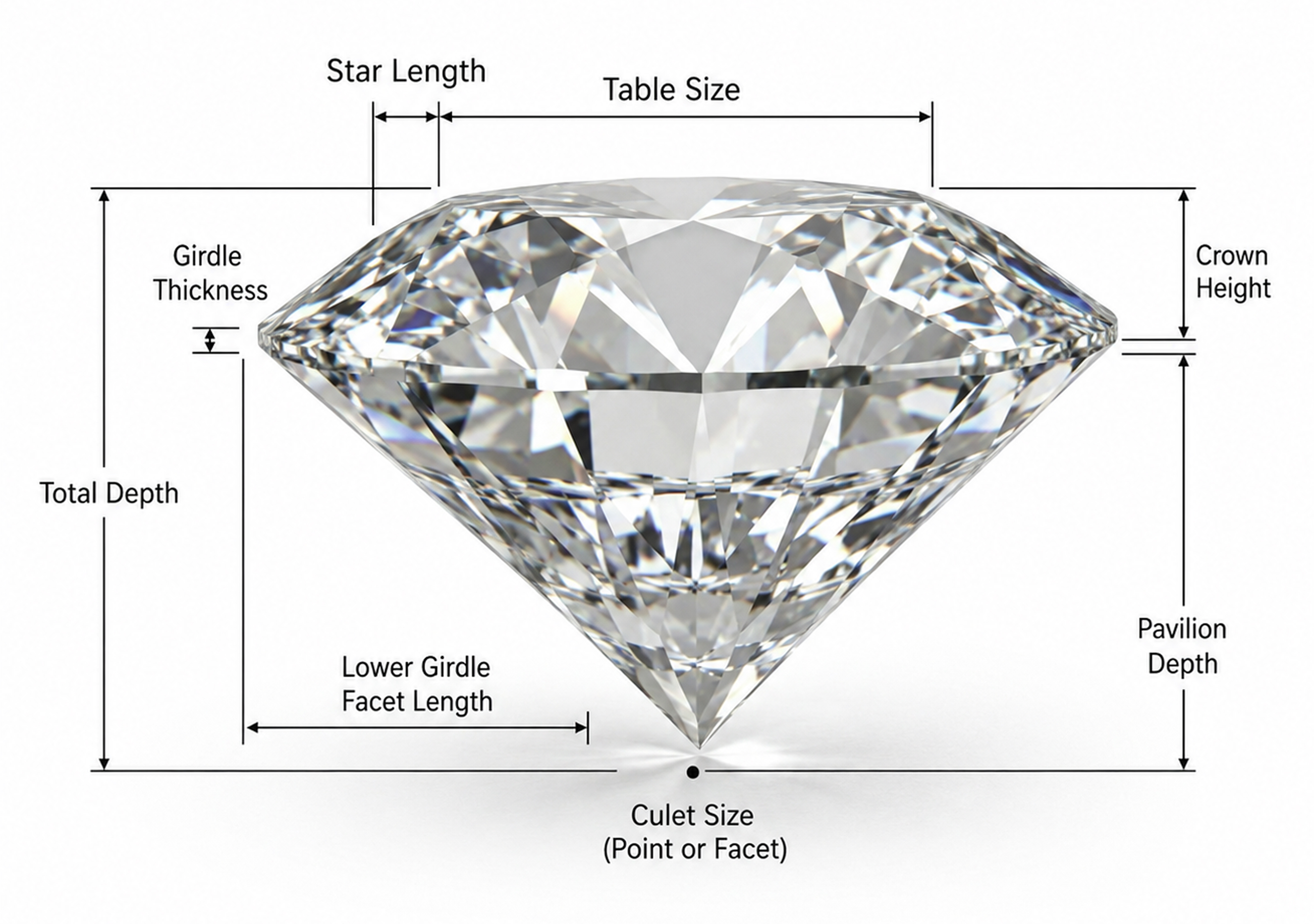 Diagram of diamond anatomy showing table, crown, girdle, pavilion and culet