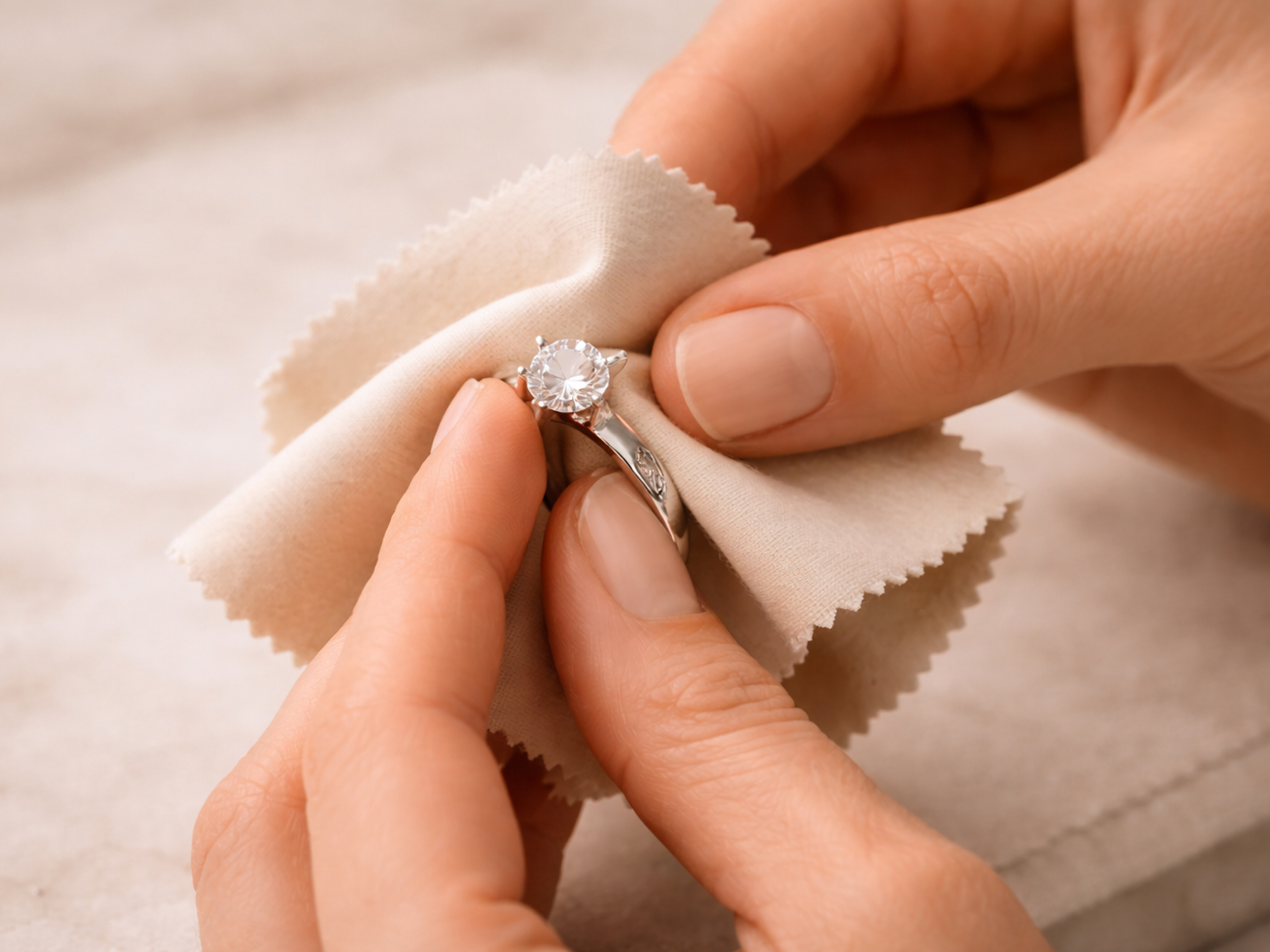 Jewellery being cleaned and polished with a soft cloth